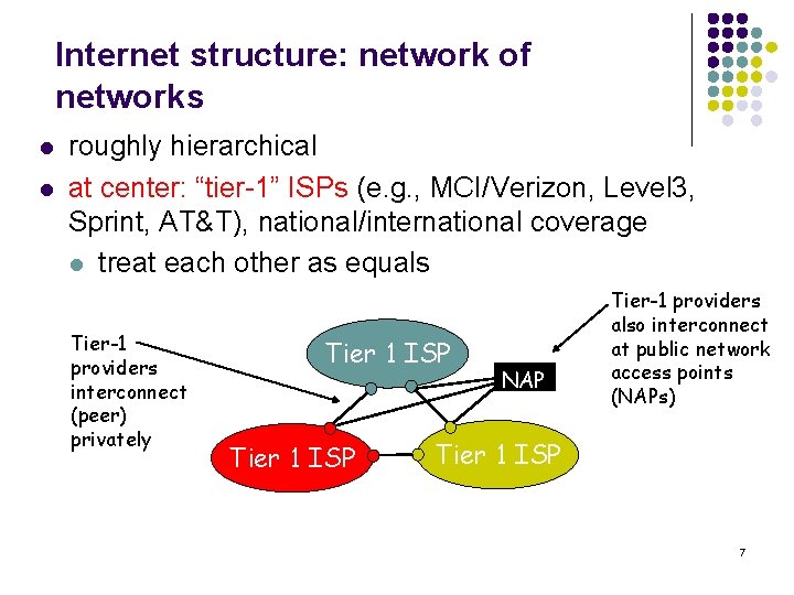 Internet structure: network of networks l l roughly hierarchical at center: “tier-1” ISPs (e.