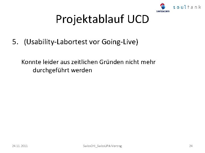 Projektablauf UCD 5. (Usability-Labortest vor Going-Live) Konnte leider aus zeitlichen Gründen nicht mehr durchgeführt