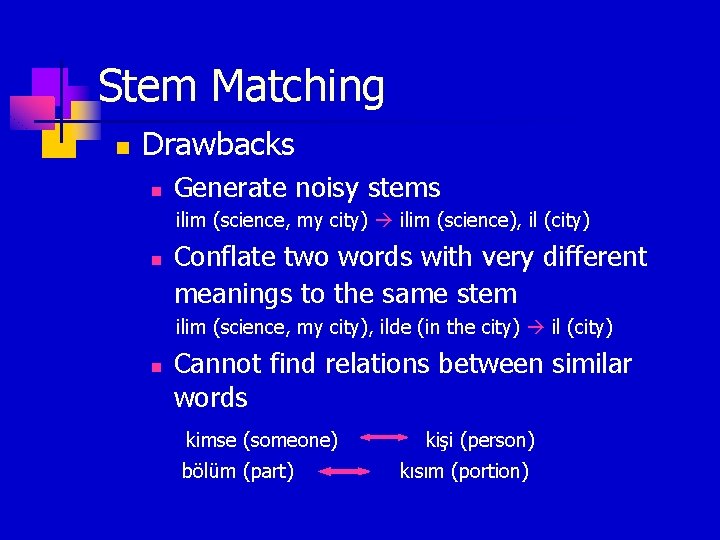 Stem Matching n Drawbacks n Generate noisy stems ilim (science, my city) ilim (science),