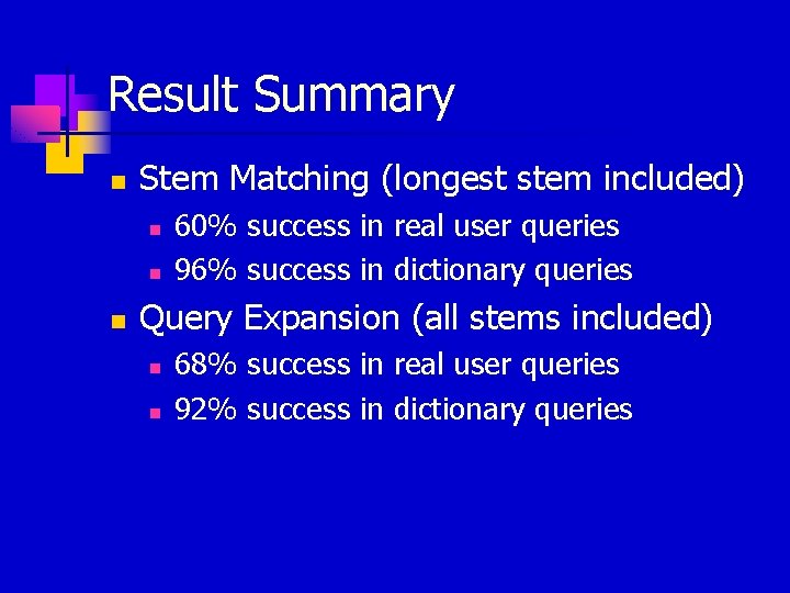 Result Summary n Stem Matching (longest stem included) n n n 60% success in