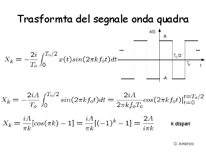 Trasformta del segnale onda quadra k dispari G. Ambrosi Trasformta del segnale onda quadra k dispari G. Ambrosi
