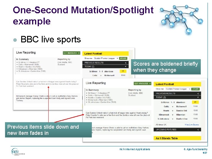 One-Second Mutation/Spotlight example l BBC live sports Scores are boldened briefly when they change