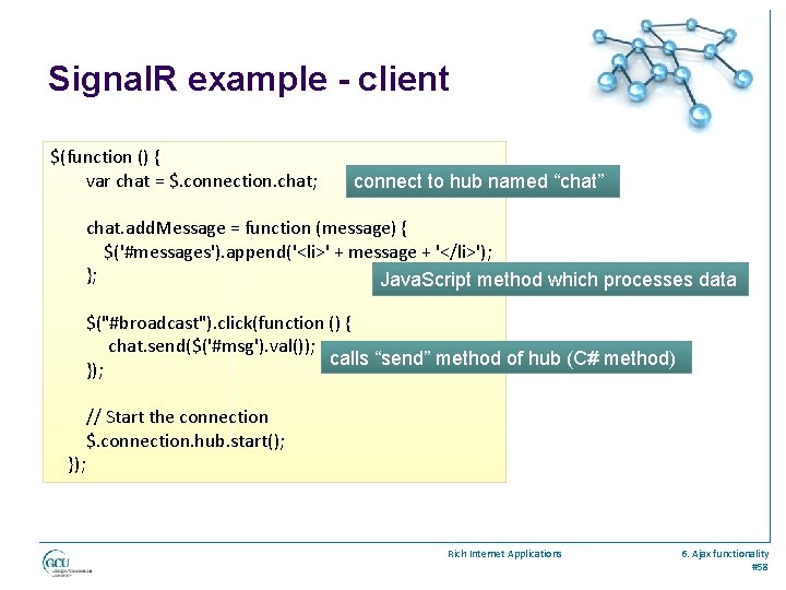 Signal. R example - client $(function () { var chat = $. connection. chat;