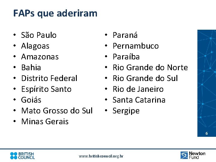 FAPs que aderiram • • • São Paulo Alagoas Amazonas Bahia Distrito Federal Espírito