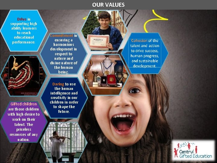 OUR VALUES Drive in supporting high ability learners to reach educational performance. Gifted children