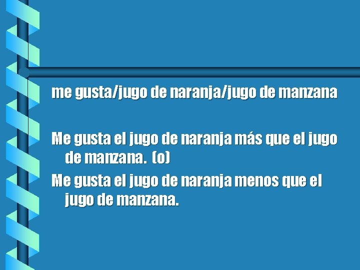 me gusta/jugo de naranja/jugo de manzana Me gusta el jugo de naranja más que