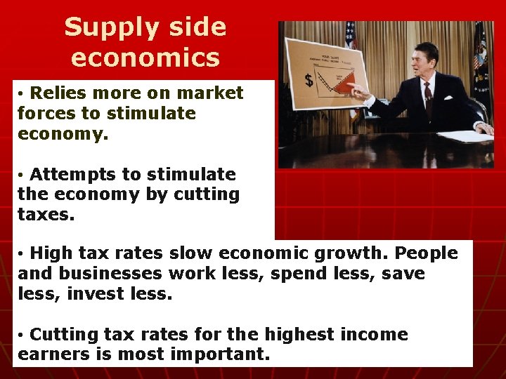 Supply side economics • Relies more on market forces to stimulate economy. • Attempts