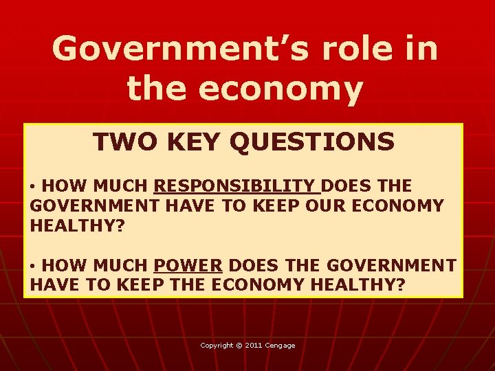 Government’s role in the economy TWO KEY QUESTIONS • HOW MUCH RESPONSIBILITY DOES THE