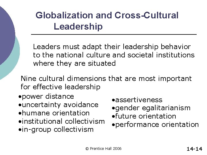 Globalization and Cross-Cultural Leadership Leaders must adapt their leadership behavior to the national culture