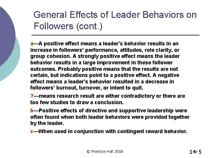 General Effects of Leader Behaviors on Followers (cont. ) a—A positive effect means a