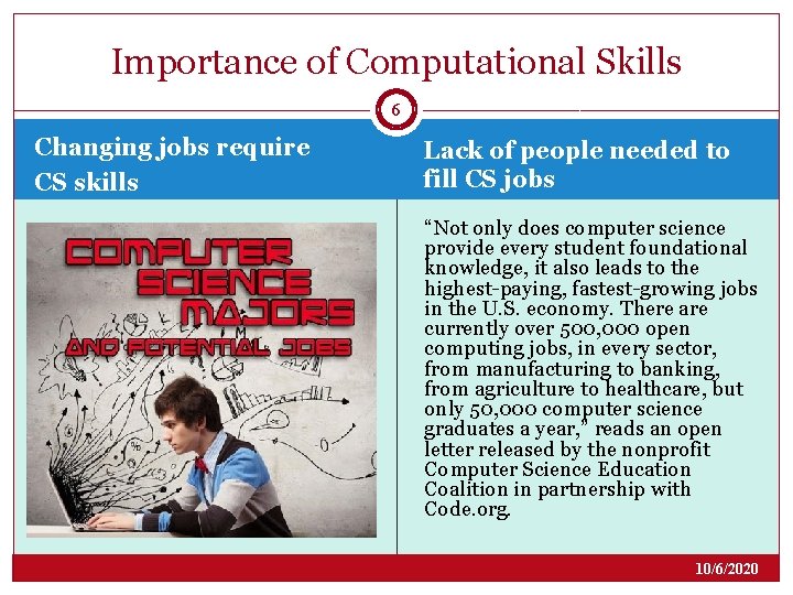 Importance of Computational Skills 6 Changing jobs require CS skills Lack of people needed Importance of Computational Skills 6 Changing jobs require CS skills Lack of people needed