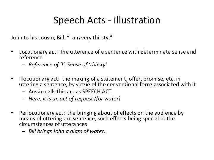 Speech Acts - illustration John to his cousin, Bill: “I am very thirsty. ”