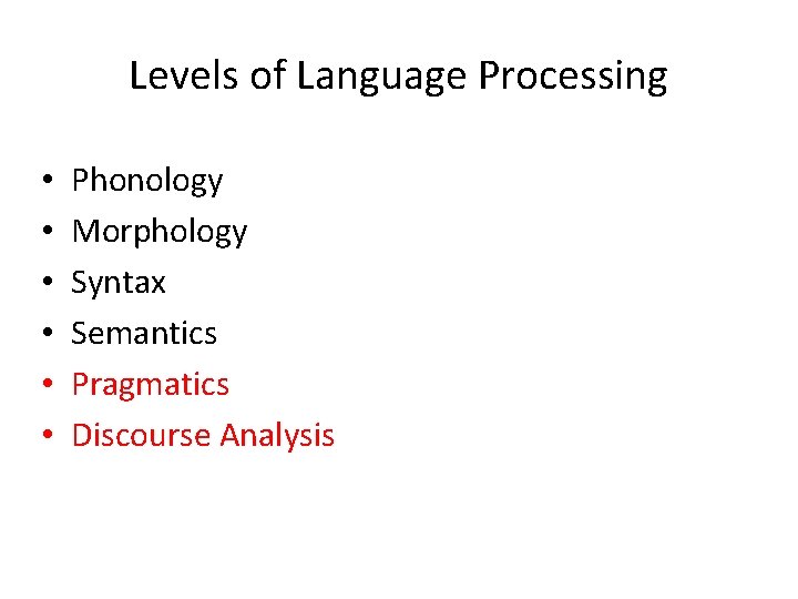 Levels of Language Processing • • • Phonology Morphology Syntax Semantics Pragmatics Discourse Analysis