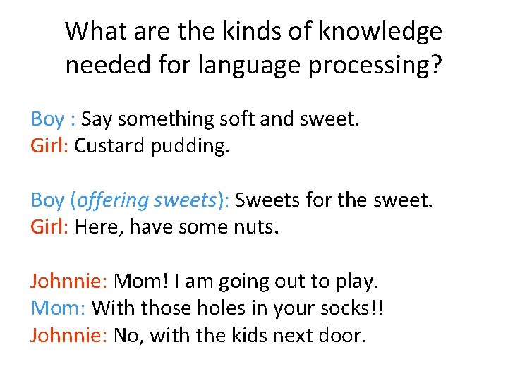 What are the kinds of knowledge needed for language processing? Boy : Say something