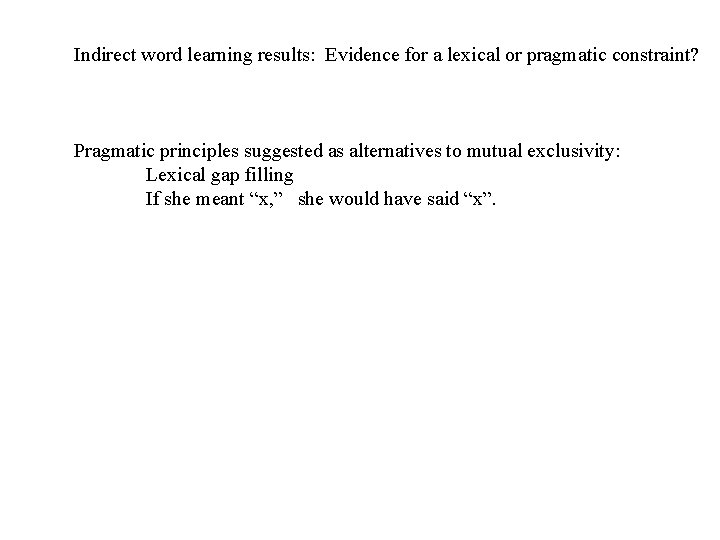 Indirect word learning results: Evidence for a lexical or pragmatic constraint? Pragmatic principles suggested