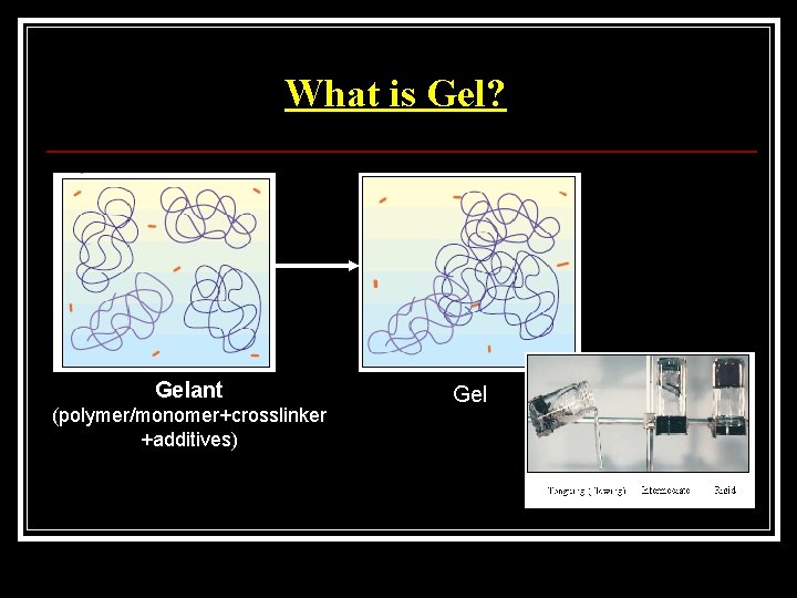 What is Gel? Gelant (polymer/monomer+crosslinker +additives) Gel 