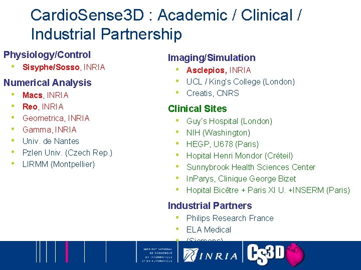 Cardio. Sense 3 D : Academic / Clinical / Industrial Partnership Physiology/Control • Sisyphe/Sosso,