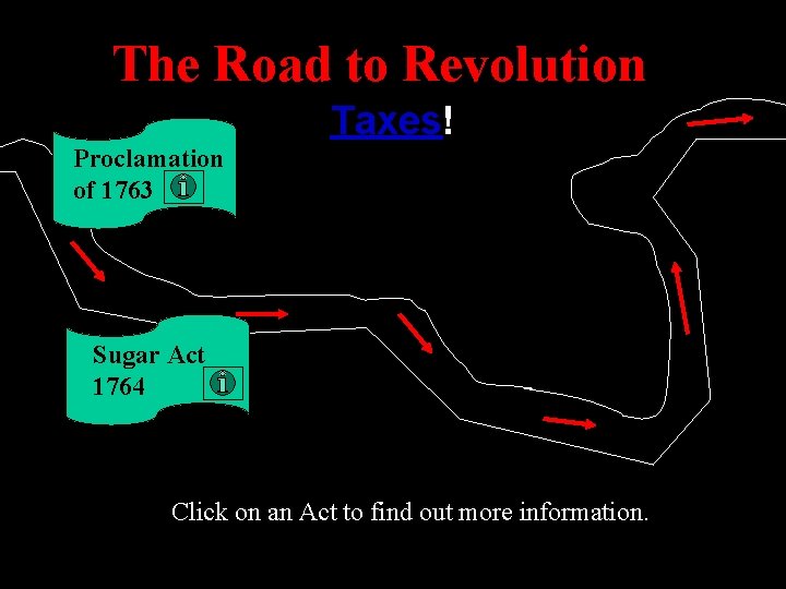 The Road to Revolution Taxes! Proclamation of 1763 Sugar Act 1764 Click on an