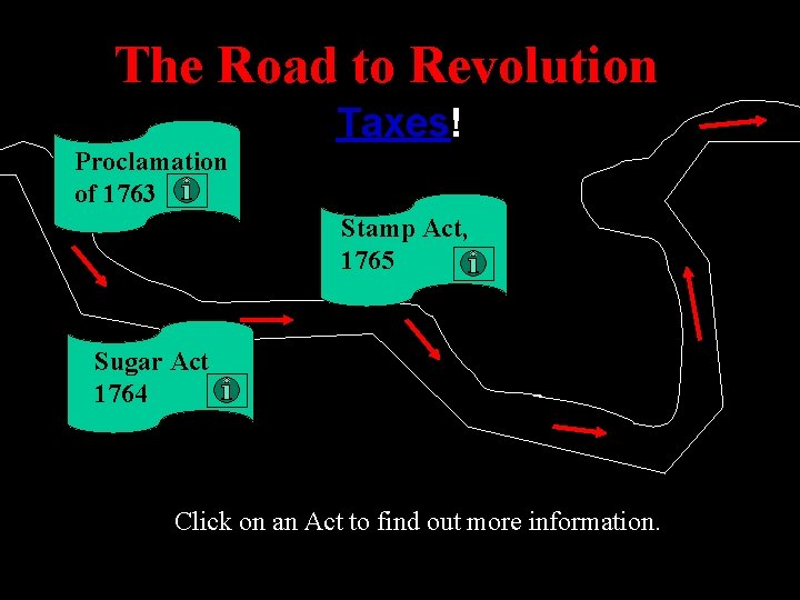 The Road to Revolution Taxes! Proclamation of 1763 Stamp Act, 1765 Sugar Act 1764