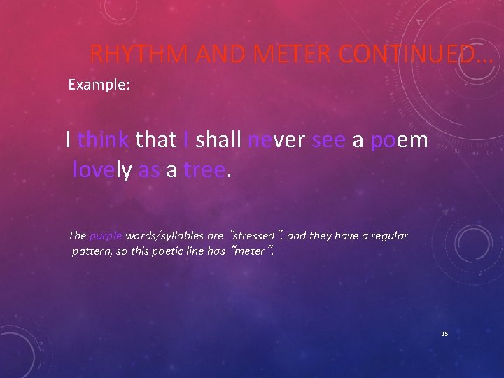 RHYTHM AND METER CONTINUED… Example: I think that I shall never see a poem