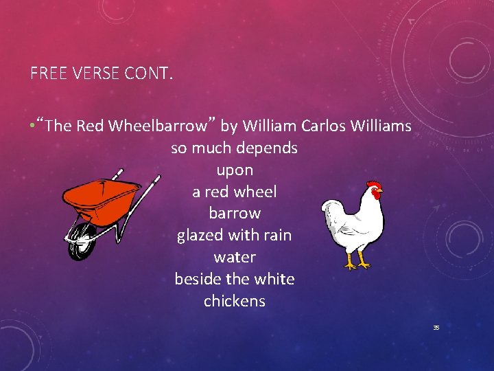 FREE VERSE CONT. • “The Red Wheelbarrow” by William Carlos Williams so much depends