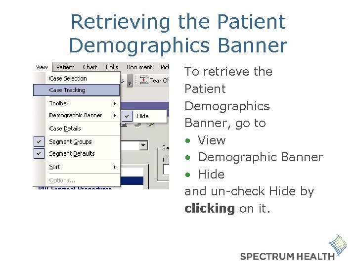 Retrieving the Patient Demographics Banner To retrieve the Patient Demographics Banner, go to •