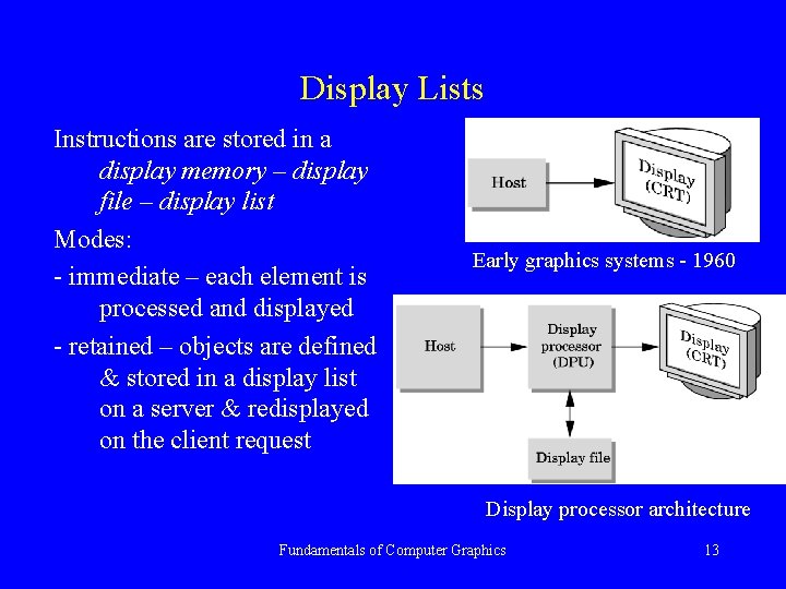 Display Lists Instructions are stored in a display memory – display file – display