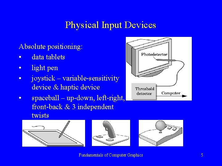 Physical Input Devices Absolute positioning: • data tablets • light pen • joystick –