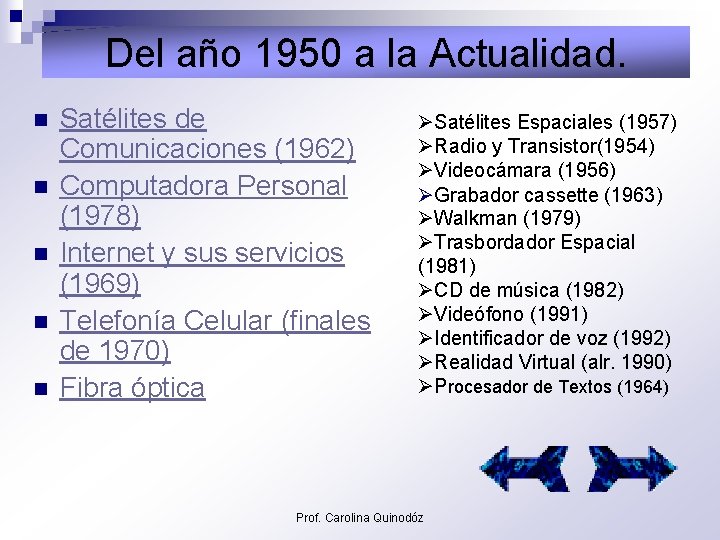 Del año 1950 a la Actualidad. n n n Satélites de Comunicaciones (1962) Computadora