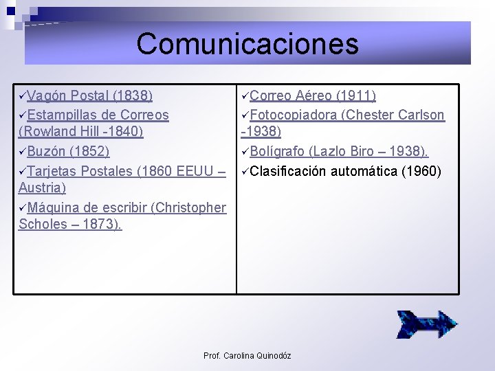 Comunicaciones üVagón Postal (1838) üCorreo Aéreo (1911) üEstampillas de Correos üFotocopiadora (Chester Carlson (Rowland