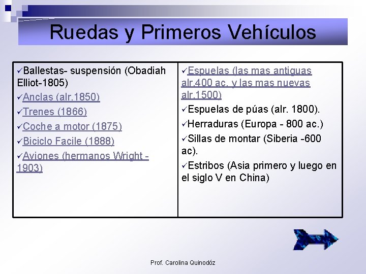 Ruedas y Primeros Vehículos üBallestas- suspensión (Obadiah üEspuelas (las mas antiguas Elliot-1805) üAnclas (alr.