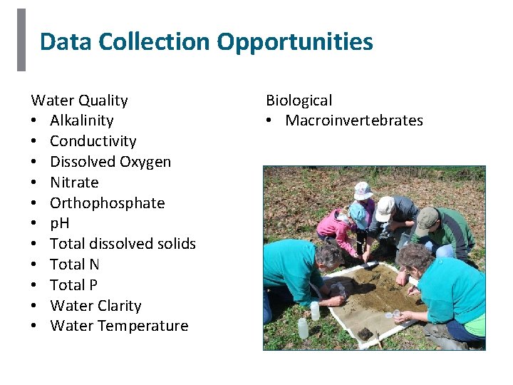 Data Collection Opportunities Water Quality • Alkalinity • Conductivity • Dissolved Oxygen • Nitrate Data Collection Opportunities Water Quality • Alkalinity • Conductivity • Dissolved Oxygen • Nitrate