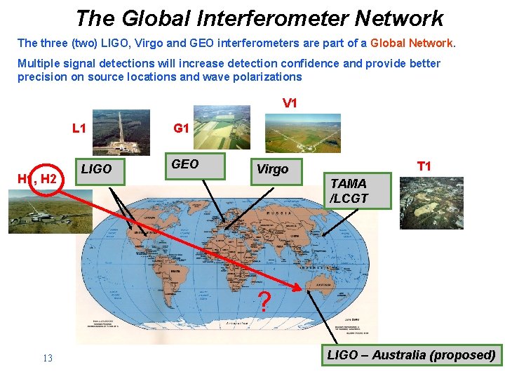 The Global Interferometer Network The three (two) LIGO, Virgo and GEO interferometers are part