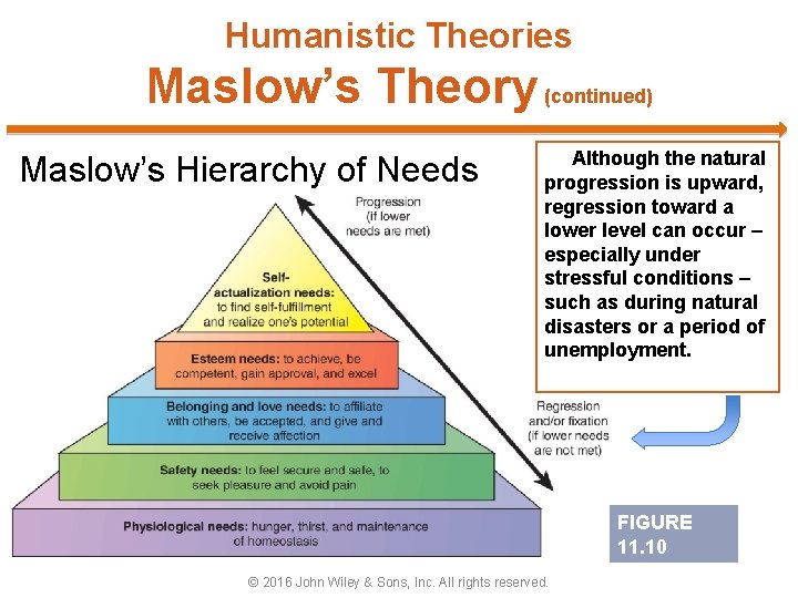 Humanistic Theories Maslow’s Theory (continued) Maslow’s Hierarchy of Needs Although the natural progression is