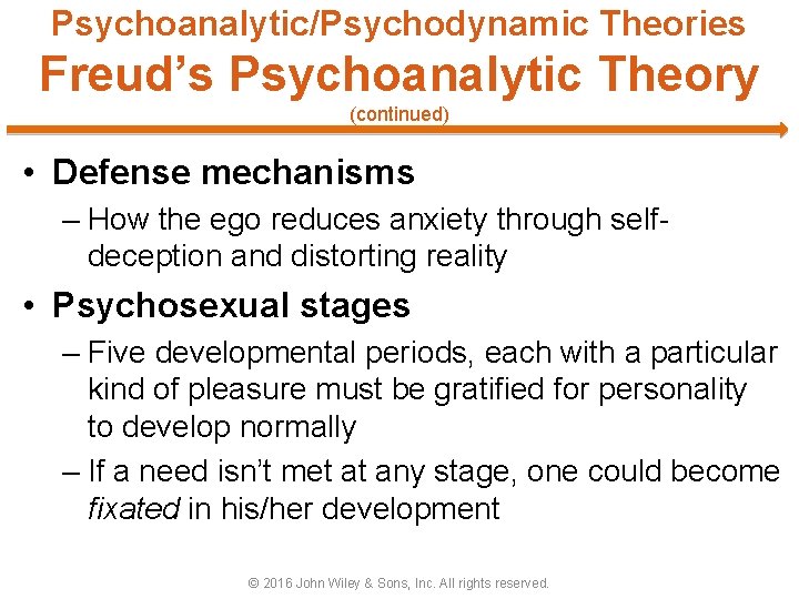 Psychoanalytic/Psychodynamic Theories Freud’s Psychoanalytic Theory (continued) • Defense mechanisms – How the ego reduces