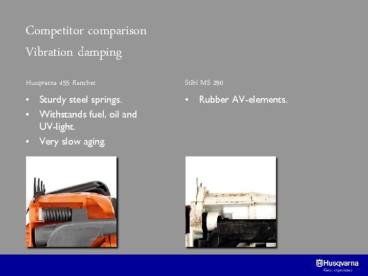 Competitor comparison Vibration damping Husqvarna 455 Rancher Stihl MS 290 • Sturdy steel springs.