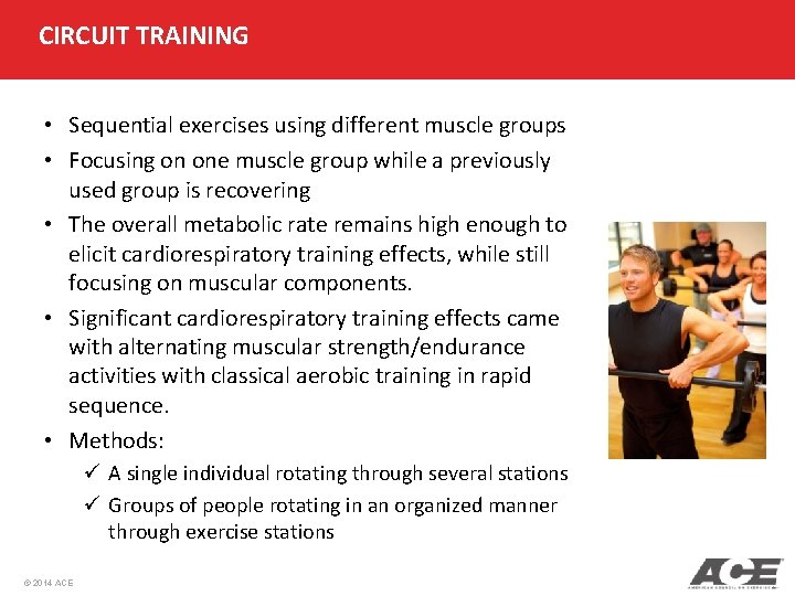 CIRCUIT TRAINING • Sequential exercises using different muscle groups • Focusing on one muscle