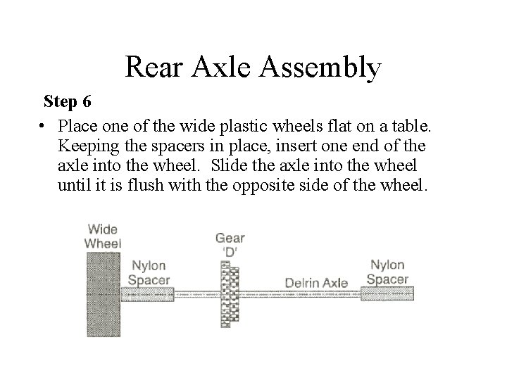 Rear Axle Assembly Step 6 • Place one of the wide plastic wheels flat