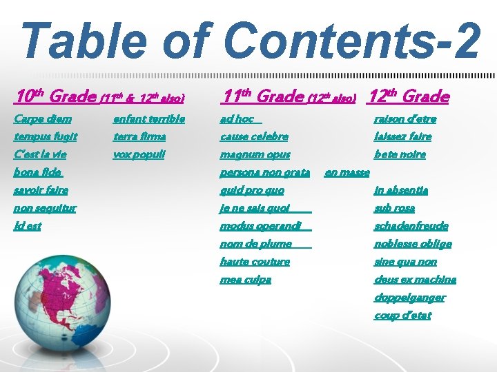 Table of Contents-2 10 th Grade (11 th & 12 th also) 11 th