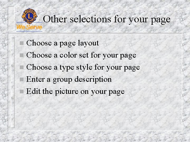 Other selections for your page Choose a page layout n Choose a color set