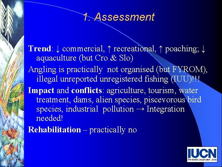 1. Assessment Trend: ↓ commercial, ↑ recreational, ↑ poaching; ↓ aquaculture (but Cro &