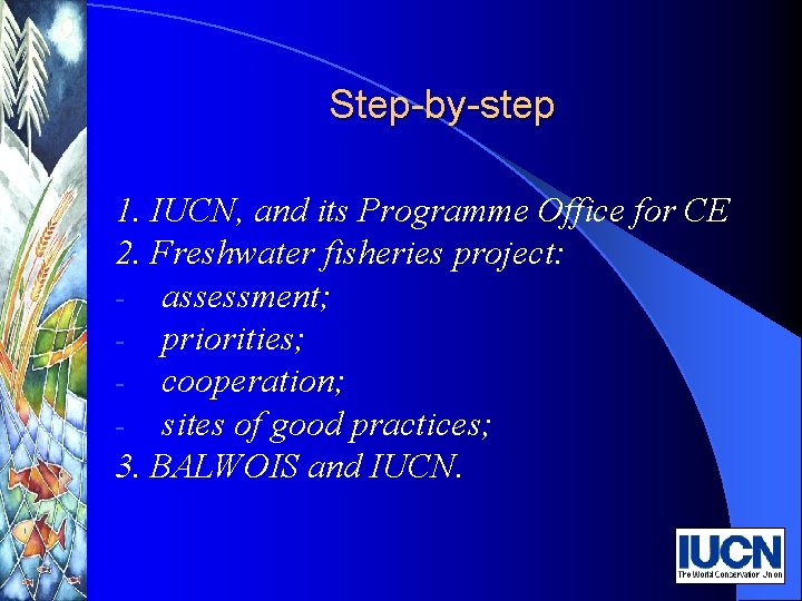 Step-by-step 1. IUCN, and its Programme Office for CE 2. Freshwater fisheries project: -