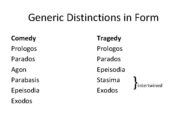 Generic Distinctions in Form Comedy Prologos Parados Agon Parabasis Epeisodia Exodos Tragedy Prologos Parados