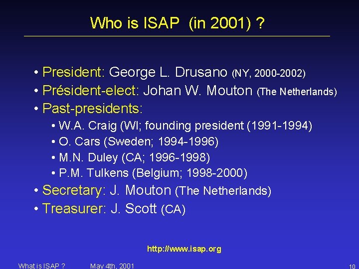 Who is ISAP (in 2001) ? • President: George L. Drusano (NY, 2000 -2002)