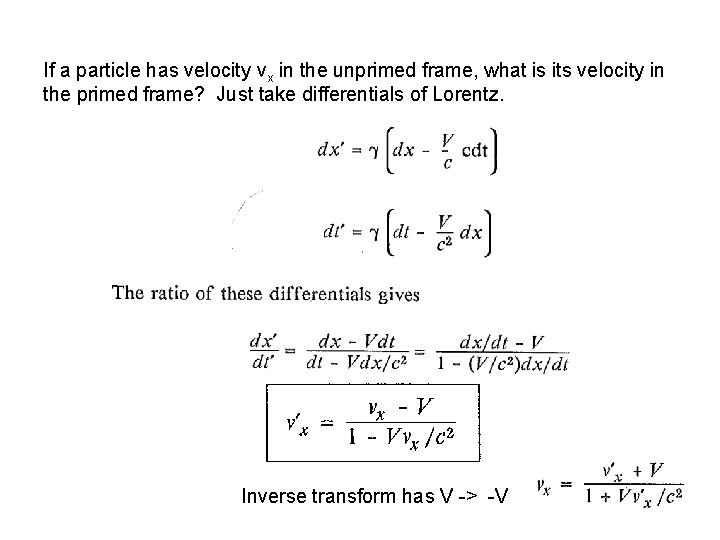 If a particle has velocity vx in the unprimed frame, what is its velocity