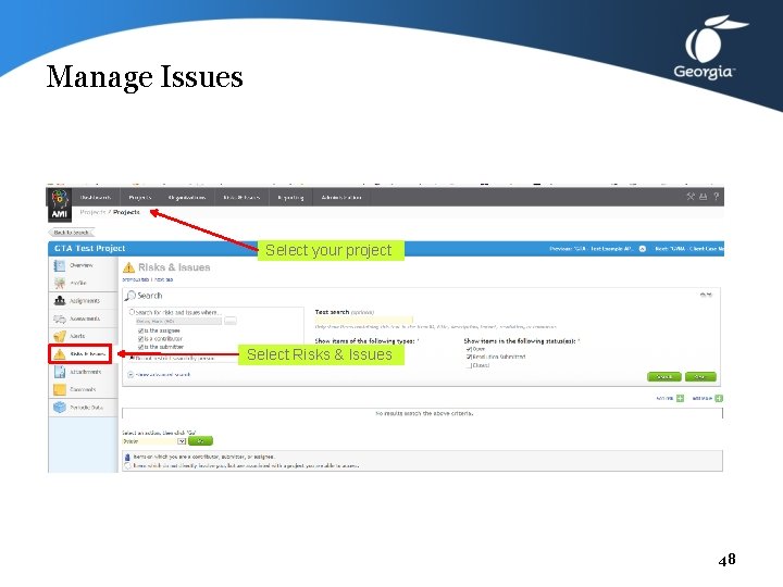 Manage Issues Select your project Select Risks & Issues 48 
