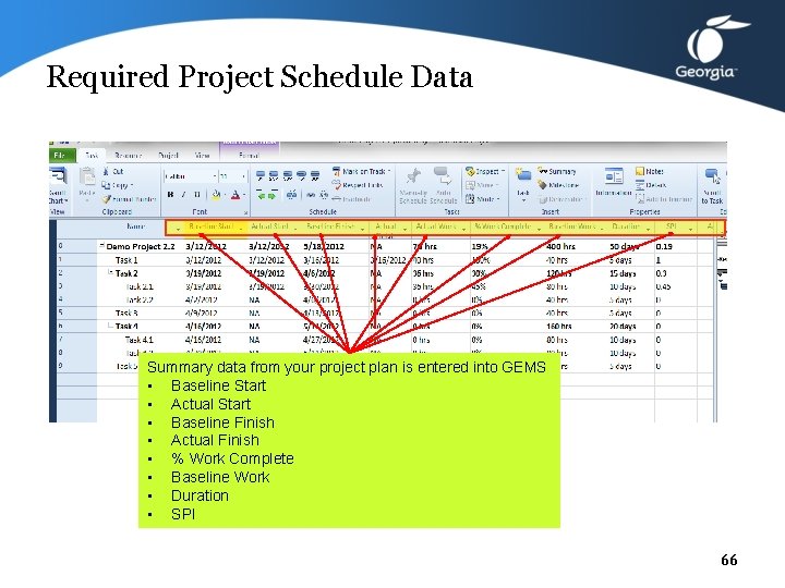 Required Project Schedule Data Summary data from your project plan is entered into GEMS