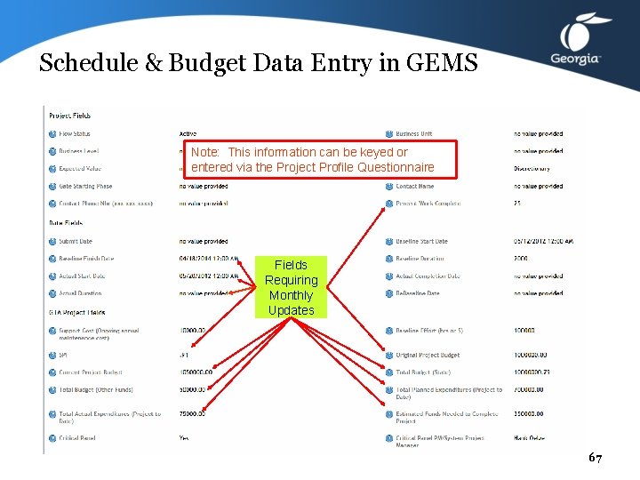 Schedule & Budget Data Entry in GEMS Note: This information can be keyed or