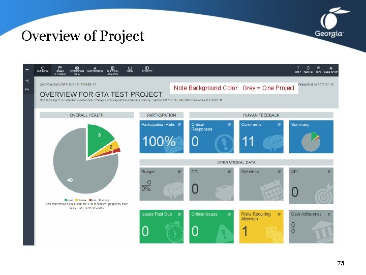 Overview of Project Note Background Color: Grey = One Project 75 