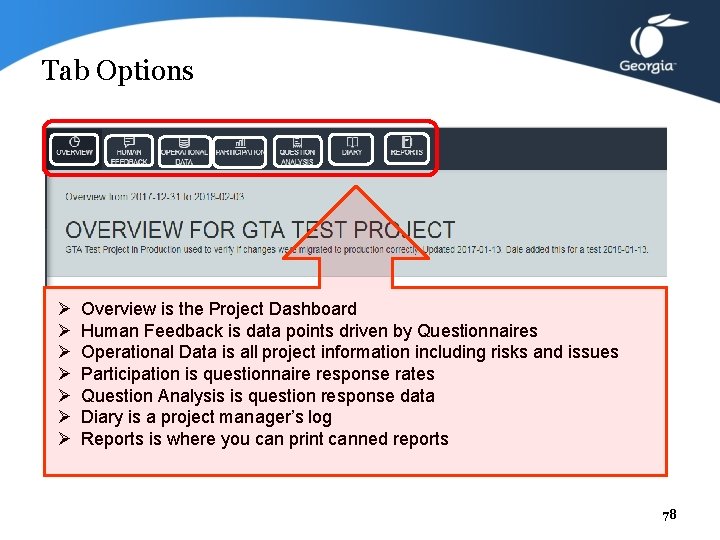 Tab Options Ø Ø Ø Ø Overview is the Project Dashboard Human Feedback is